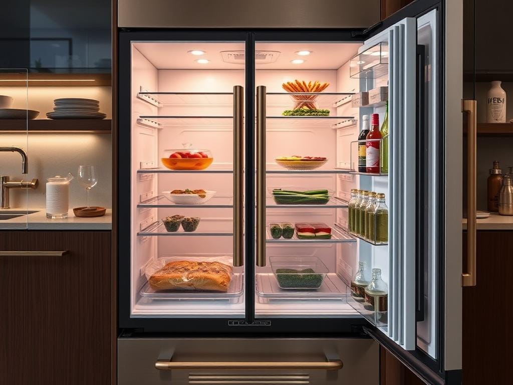Café Modern Glass refrigerator with customizable hardware and LED wall Café Modern Glass refrigerator with customizable hardware and LED wall