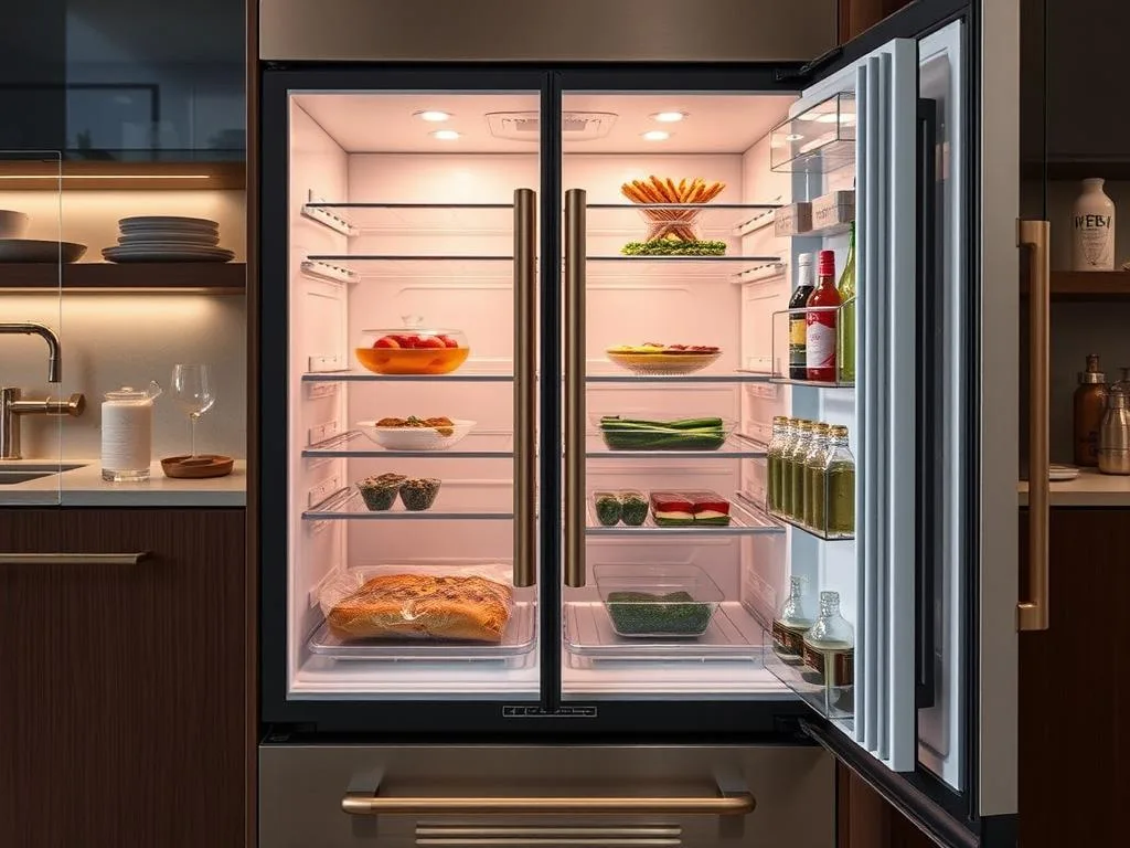 Café Modern Glass refrigerator with customizable hardware and LED wall Café Modern Glass refrigerator with customizable hardware and LED wall