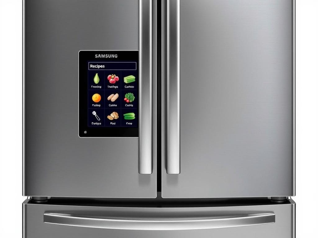 Samsung Family Hub+ AI Vision smart refrigerator with touchscreen display showing Top 10 smart refrigerators in 2025 Samsung Family Hub+ AI Vision smart refrigerator with touchscreen display showing Top 10 smart refrigerators in 2025