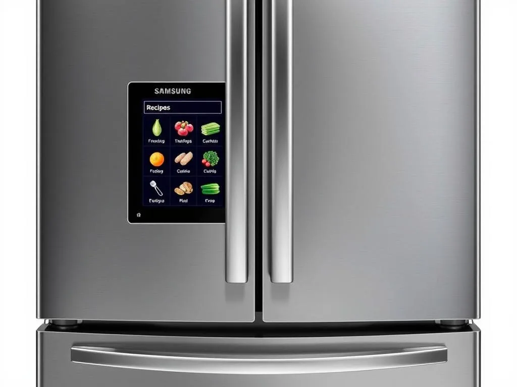 Samsung Family Hub+ AI Vision smart refrigerator with touchscreen display showing Top 10 smart refrigerators in 2025 Samsung Family Hub+ AI Vision smart refrigerator with touchscreen display showing Top 10 smart refrigerators in 2025