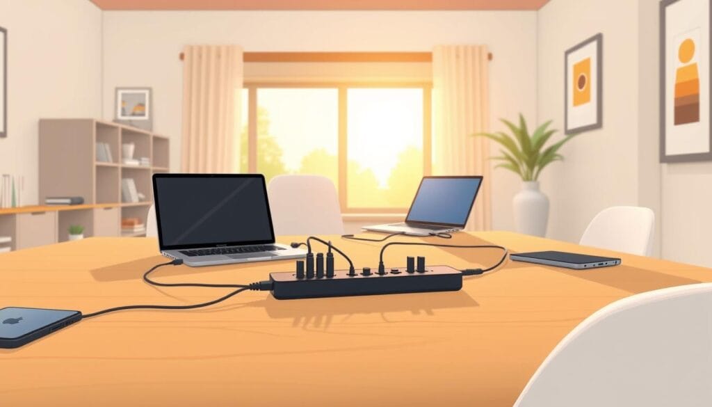 A modern, minimalist home office with a sleek, black smart power strip on a minimalist wooden desk. The power strip is surrounded by various electronic devices, including a laptop, a smartphone, and a tablet, all plugged into the power strip. The room is bathed in warm, natural light from a large window, casting a cozy, productivity-enhancing atmosphere. The overall scene conveys the idea of energy-efficient and organized power management, perfectly complementing the "Harnessing the Power of Smart Power Strips" section of the article.