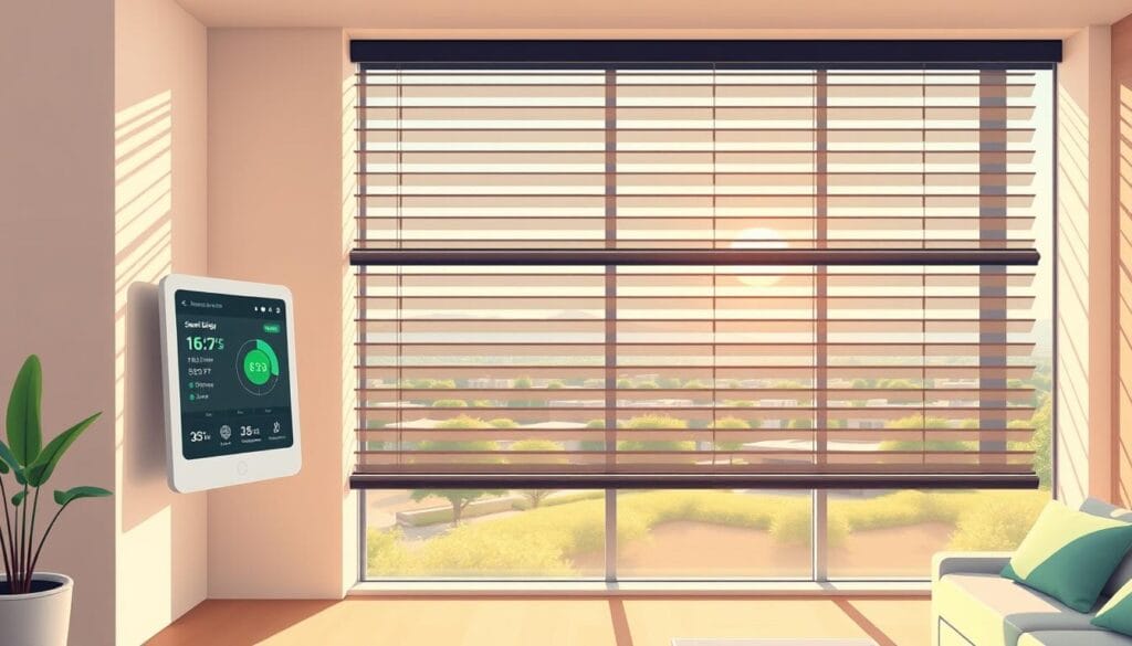 A sleek, modern smart blind system with advanced features. In the foreground, high-tech blinds seamlessly integrate with a minimalist control panel, displaying real-time energy usage data and smart scheduling options. In the middle ground, the blinds subtly respond to sunlight, automatically adjusting to maintain optimal indoor lighting and temperature. The background showcases a panoramic view of a sustainable, energy-efficient home, with the smart blinds blending seamlessly into the architecture. The scene is bathed in a warm, natural glow, conveying a sense of efficiency and technological sophistication. Precise, high-resolution rendering with a sharp focus and realistic textures.