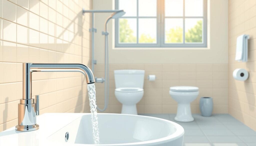 A well-lit bathroom setting showcasing a variety of water-efficient fixtures. In the foreground, a modern low-flow faucet with a sleek chrome finish, its stream cascading into a spacious porcelain sink. Behind it, a high-efficiency showerhead with adjustable spray patterns is mounted on the tiled wall. In the middle ground, a dual-flush low-water toilet stands proudly, its elegant design complementing the overall aesthetic. The background features a large window, allowing natural light to flood the space and create a warm, inviting atmosphere. The scene conveys a sense of environmental consciousness and practical luxury, inspiring the viewer to consider upgrading their own home with water-saving solutions.