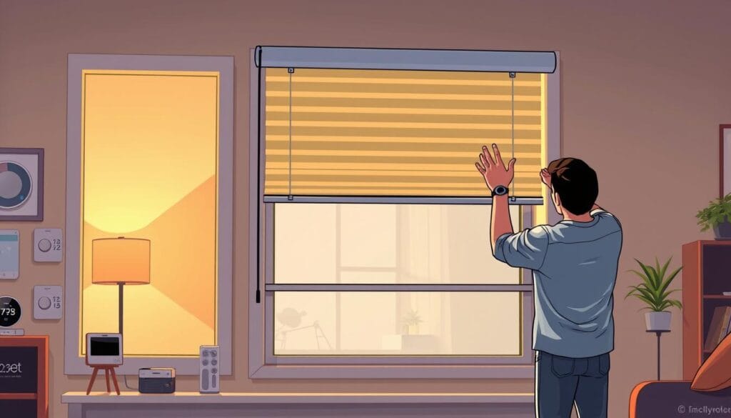 A well-lit, detailed interior scene showcasing the installation of smart blinds. In the foreground, a pair of sleek, modern smart blinds are being installed onto a large window, with the homeowner carefully adjusting the mounting brackets. The middle ground features various smart home devices like a thermostat, lighting controls, and a central hub, all integrated with the blinds. The background reveals a cozy, energy-efficient living room with warm lighting and a minimalist decor, suggesting the benefits of a smart home setup. The scene conveys a sense of technological sophistication and attention to energy-saving features, reflecting the subject of the article section.