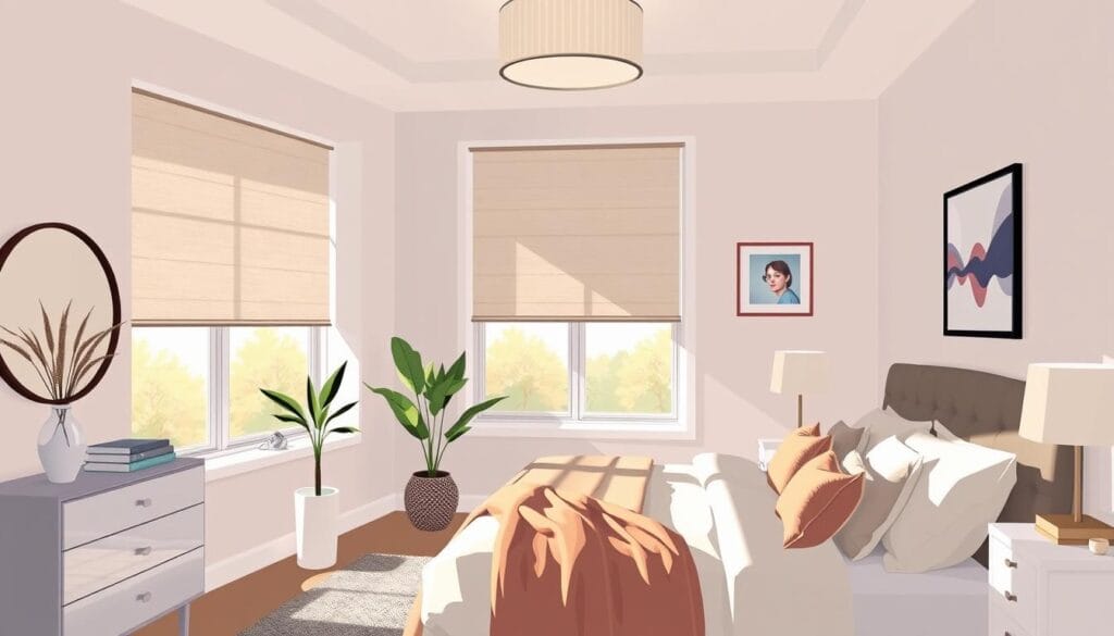 Generate an image of Lutron Serena Smart Roller Shades in a stylish bedroom.