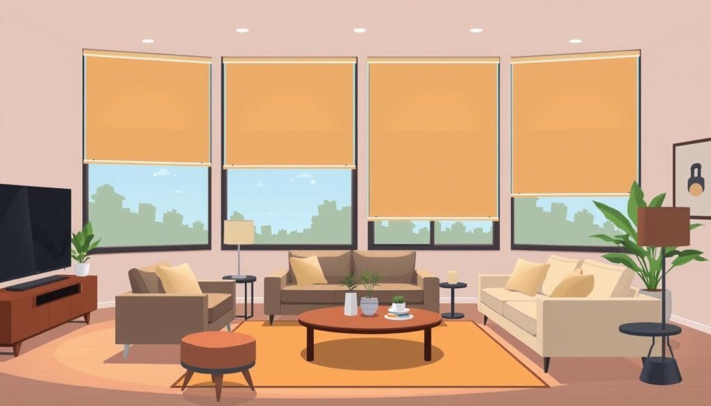 Generate an image of SmartWings Motorized Light Filtering Roller Shades installed in a modern living room.