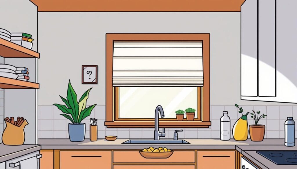 Generate an image of SwitchBot Roller Shade installed in a cozy kitchen.