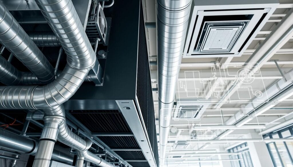 A high-efficiency HVAC system, with intricate ductwork and vents, occupying the foreground. The system's components, such as the air handler, condenser, and refrigerant lines, are visible in detailed engineering-style schematics. In the middle ground, the system is seamlessly integrated into the building's infrastructure, with clean, minimalist architectural elements complementing the sleek, modern design. The background features a softly lit, airy environment, highlighting the system's role in maintaining comfortable indoor air quality and temperature. A high-efficiency HVAC system, with intricate ductwork and vents, occupying the foreground. The system's components, such as the air handler, condenser, and refrigerant lines, are visible in detailed engineering-style schematics. In the middle ground, the system is seamlessly integrated into the building's infrastructure, with clean, minimalist architectural elements complementing the sleek, modern design. The background features a softly lit, airy environment, highlighting the system's role in maintaining comfortable indoor air quality and temperature.